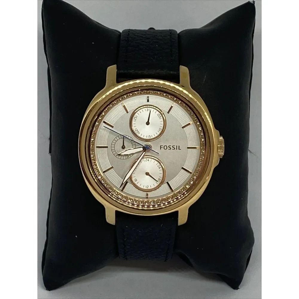 Fossil ES3832 Women Black Leather Silver Analog Dial Quartz Genuine Watch KS521